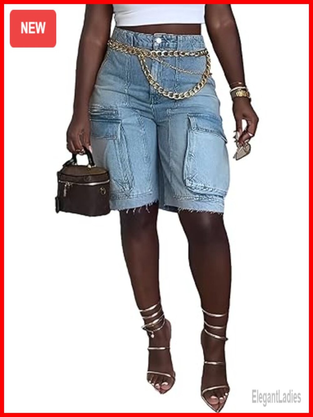 High Waisted Cargo Bermuda Jean Shorts with Pockets Women Knee Length Denim